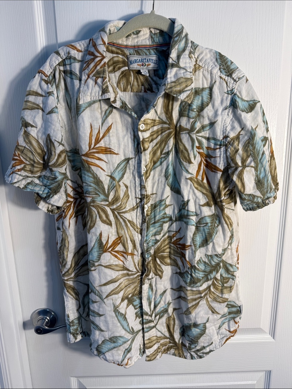 Margaritaville White Short-Sleeve Shirt Tropical Blue, Brown Size L Cotton